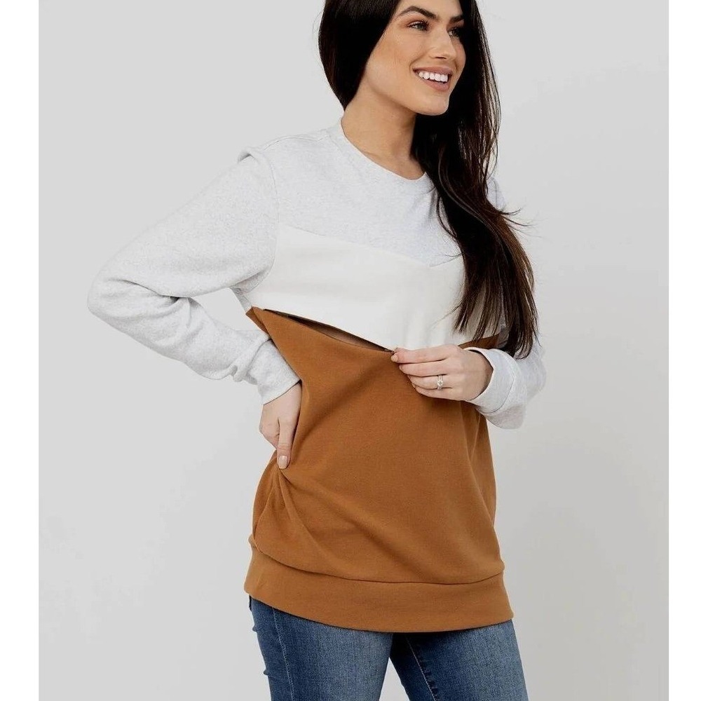 Nursing Queen Sweetheart Sweatshirt Size Small Camel Grey Colorblock Maternity